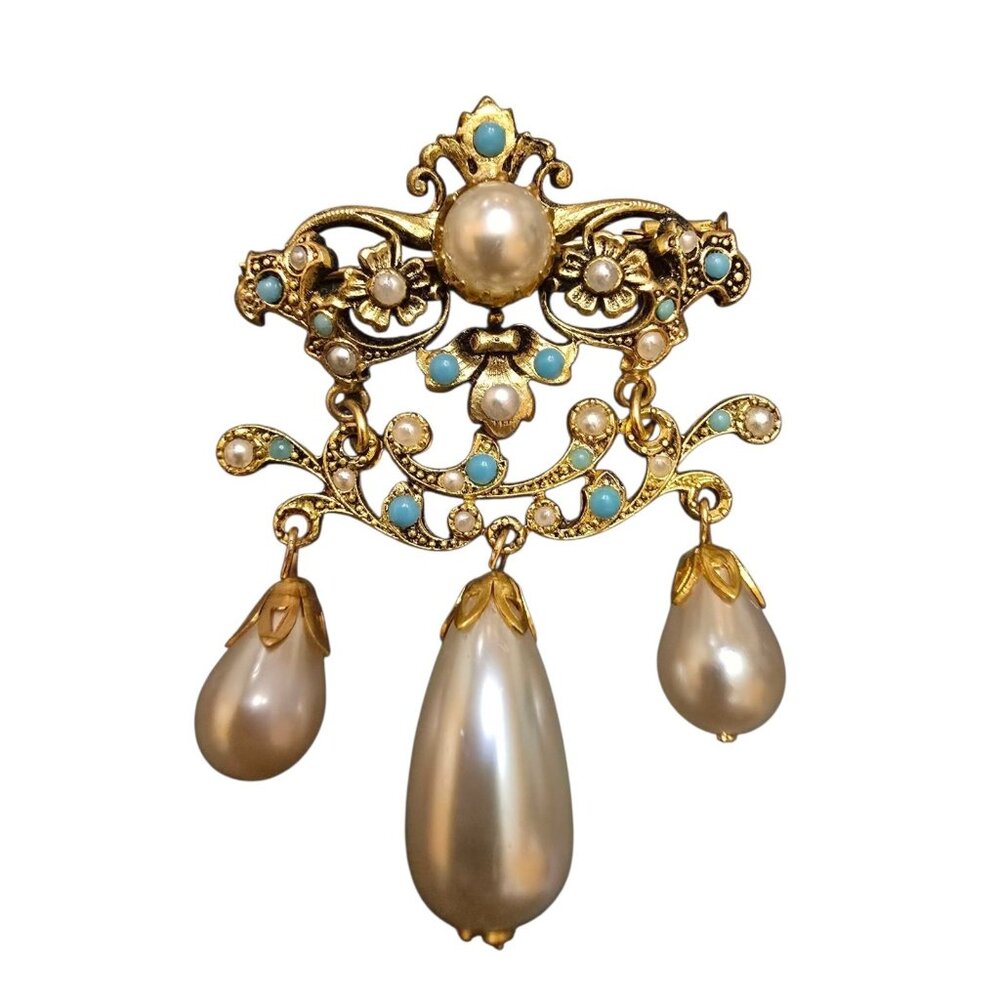 Antique Possible French Gilt Elaborate Glass Pearl Dangle Brooch Trombone Clasp